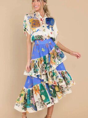 Gorgeous Colorful Printed Ruffle Tiered Midi Skirt